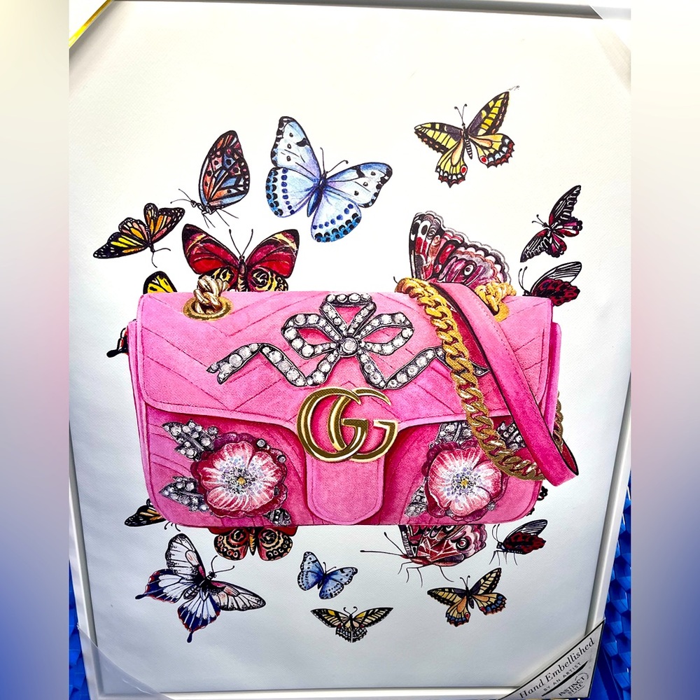 NWT PINK Sparkly Gucci Handbag w/Colorful Butterflies White Canvas Luxury Design